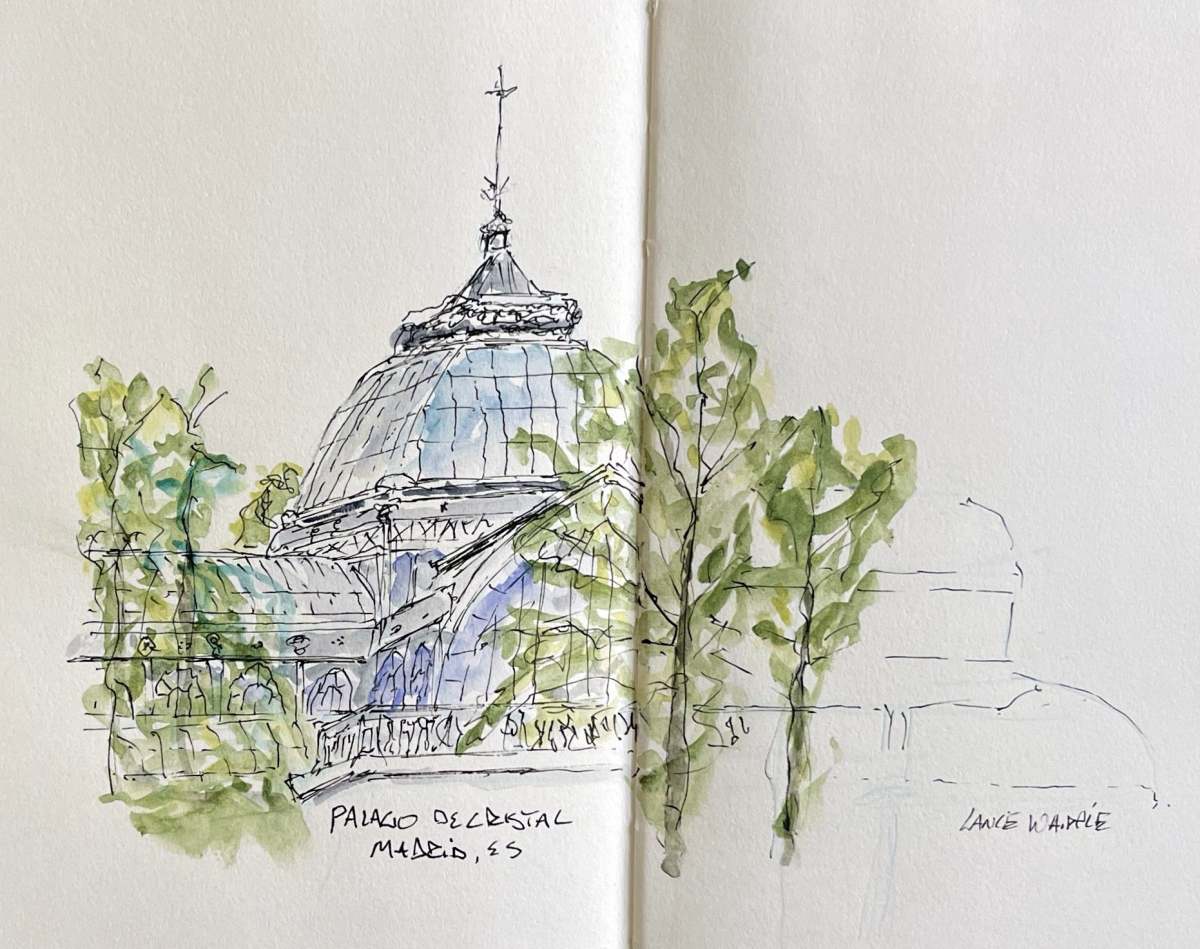 An Urban Sketch of the Palacio de Cristal in the Parque de Retiro in Madrid, Spain